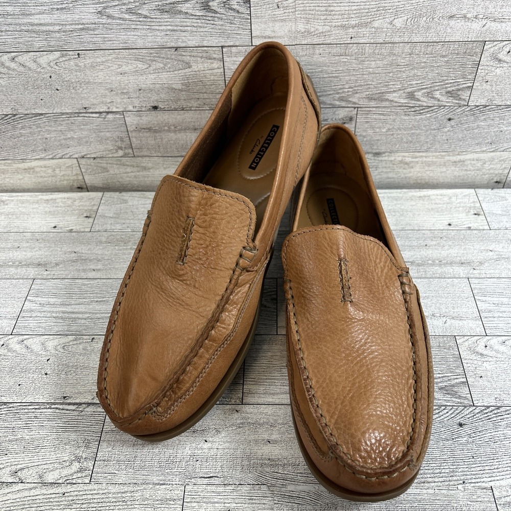 Clarks Mens Tan/Carmel Leather Slip On Size 9.5 M Loafer Mocs Driver Shoes 16501